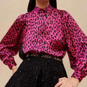 Maje Fuchsia Pink Leopard Silky Gathered Shoulder Peter Pan Collar Blouse XS